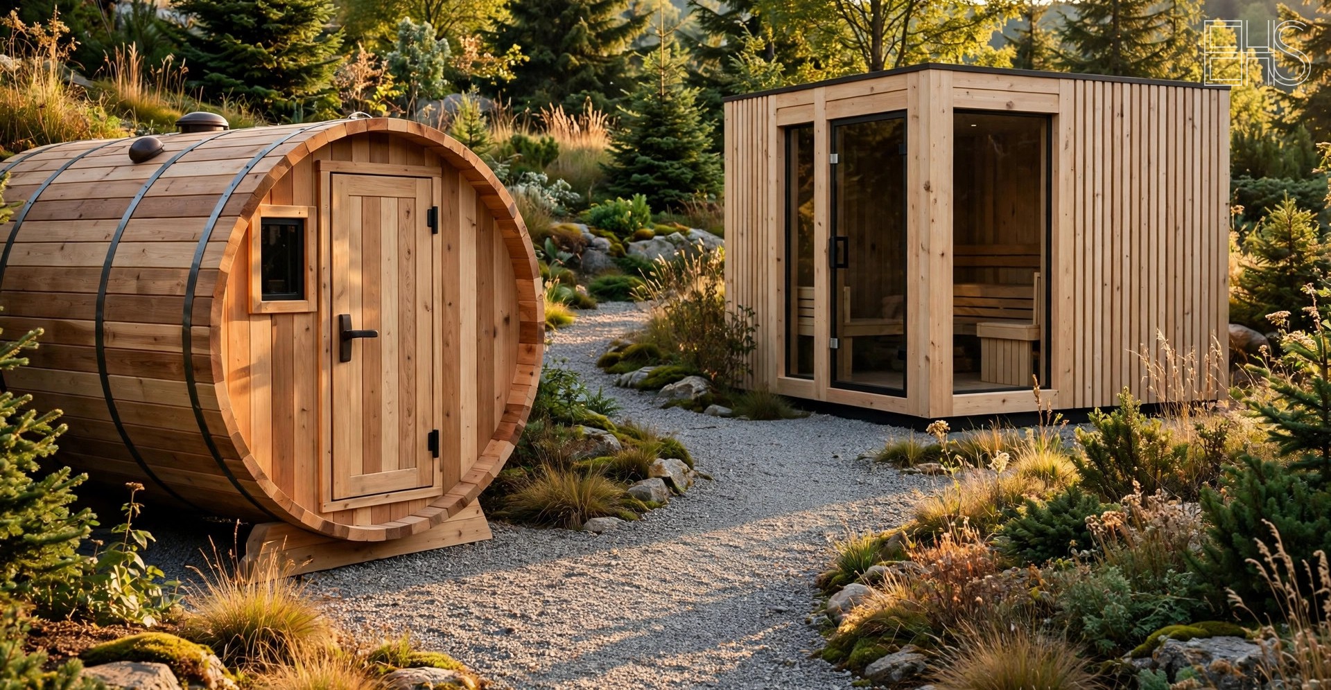 EverHealthSpan editorial photo: a wooden barrel sauna beside a square cabin sauna in a garden, late-afternoon golden light, gravel path between them.