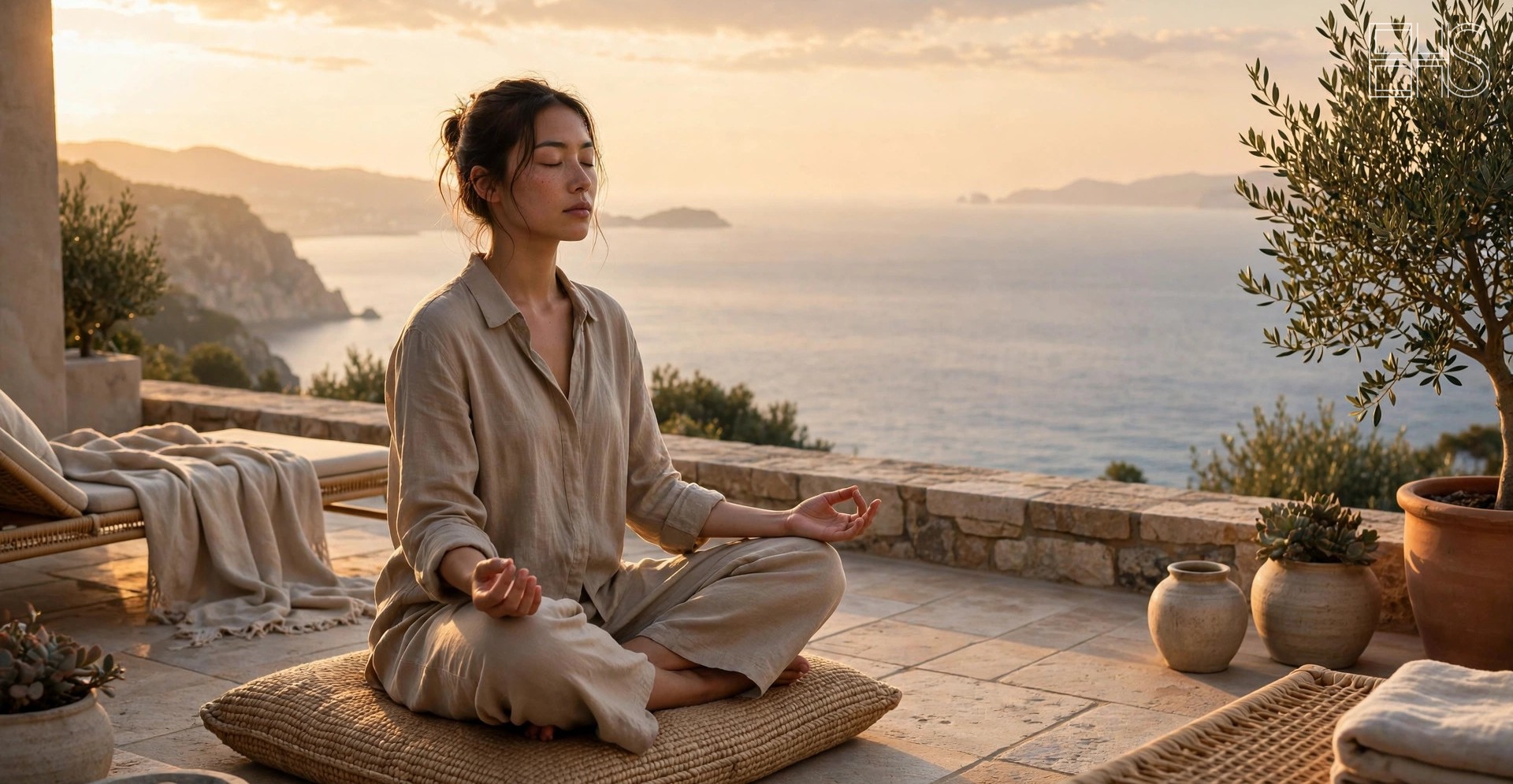 EverHealthSpan editorial photo: a woman meditating on a woven cushion on a stone terrace overlooking the sea at sunrise, eyes closed in a calm breathing posture.
