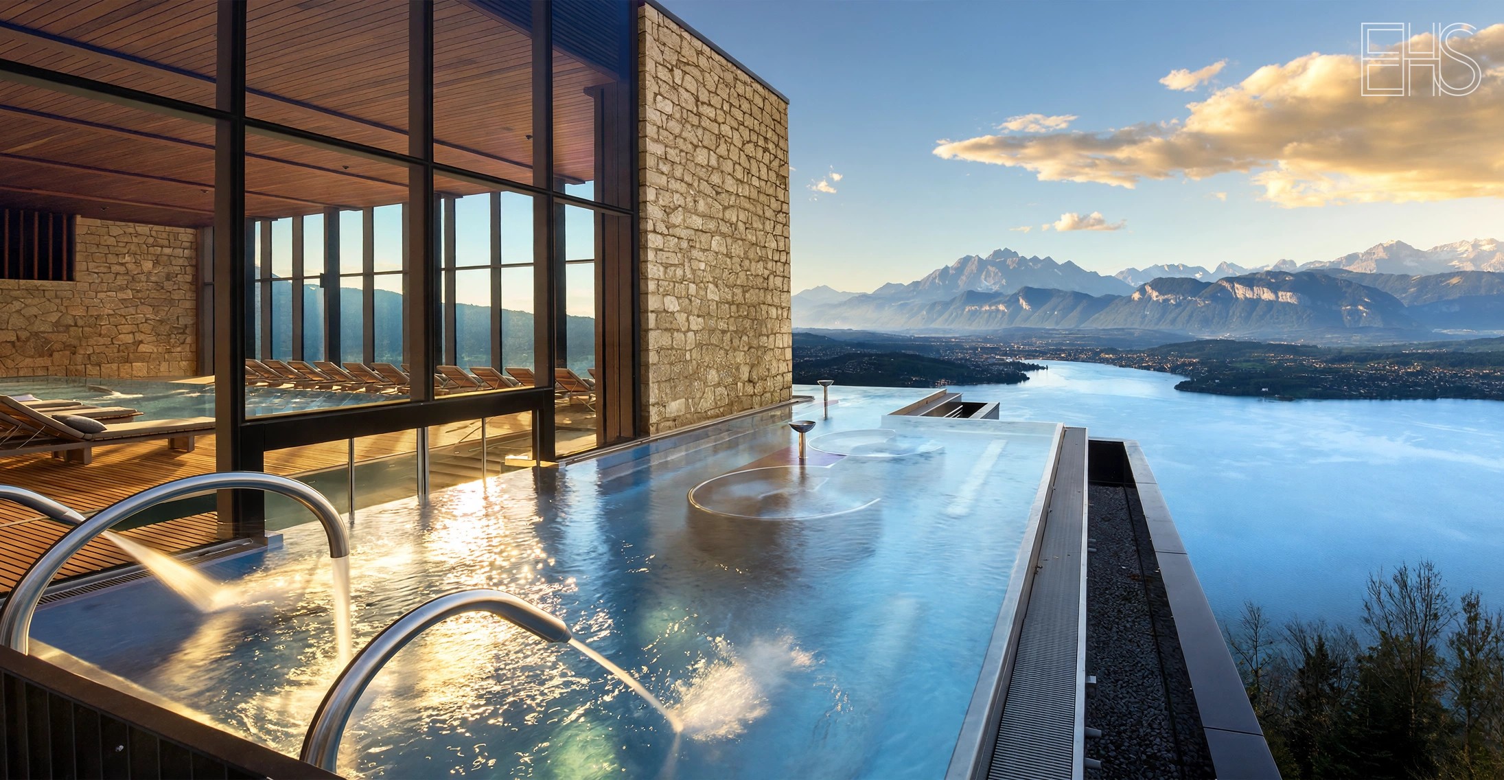 Bürgenstock Hotel & Alpine Spa: Five Hundred Meters Above Lake Lucerne | EverHealthSpan Bürgenstock Alpine Spa: infinity-edge pool on the clifftop terrace overlooking Lake Lucerne and the Alps at golden hour