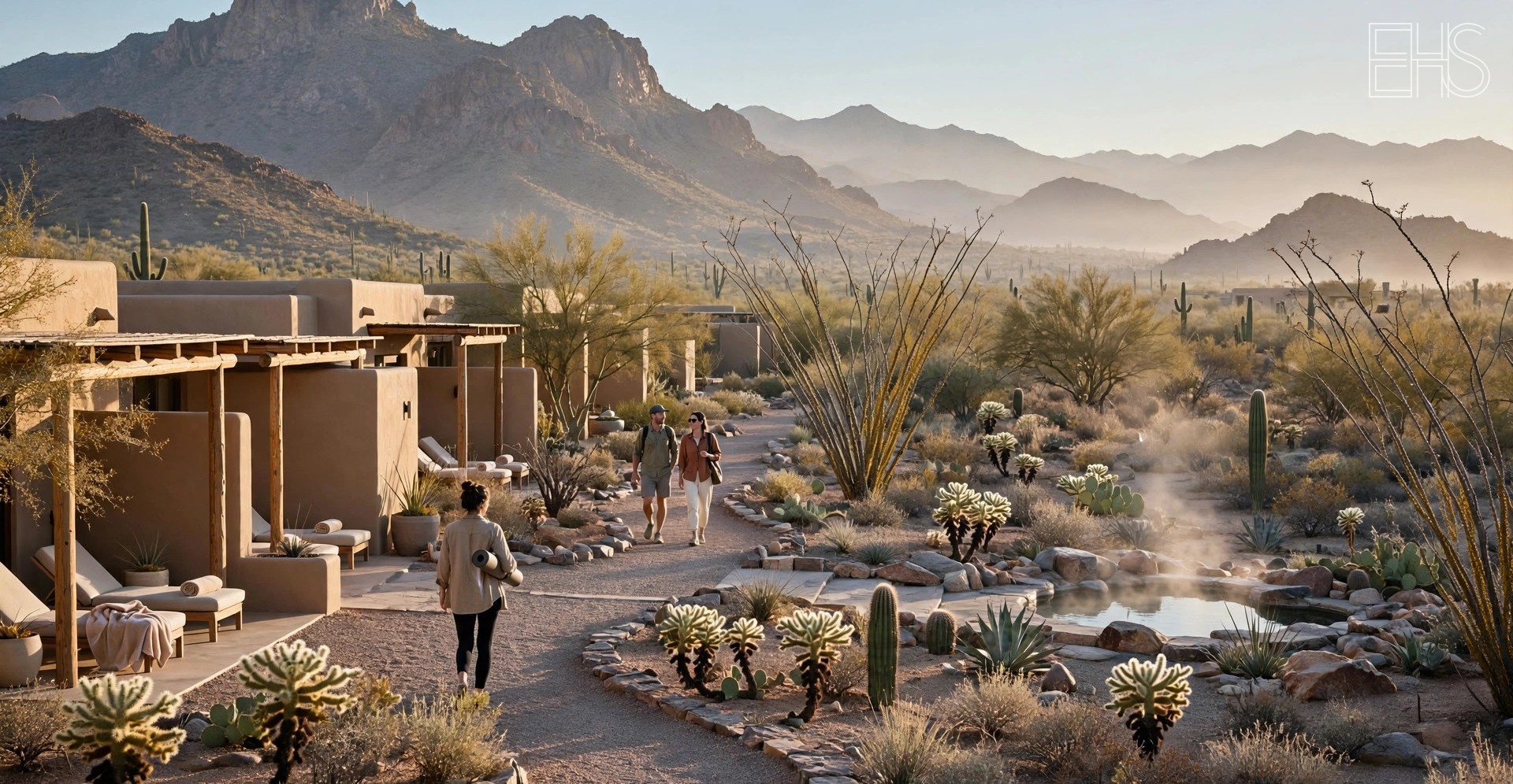 Canyon Ranch Tucson: The Original Destination Spa | EverHealthSpan EverHealthSpan editorial photo: a sprawling desert spa campus with shaded walking paths and mountain views in the Sonoran Desert.