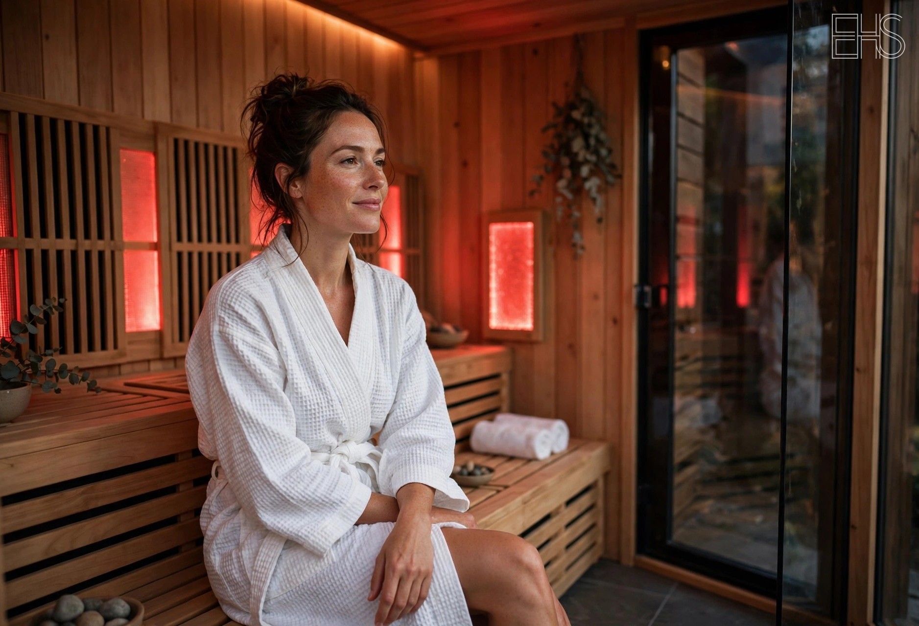 Woman in a white robe relaxing inside a wooden infrared sauna with glowing red heater panels