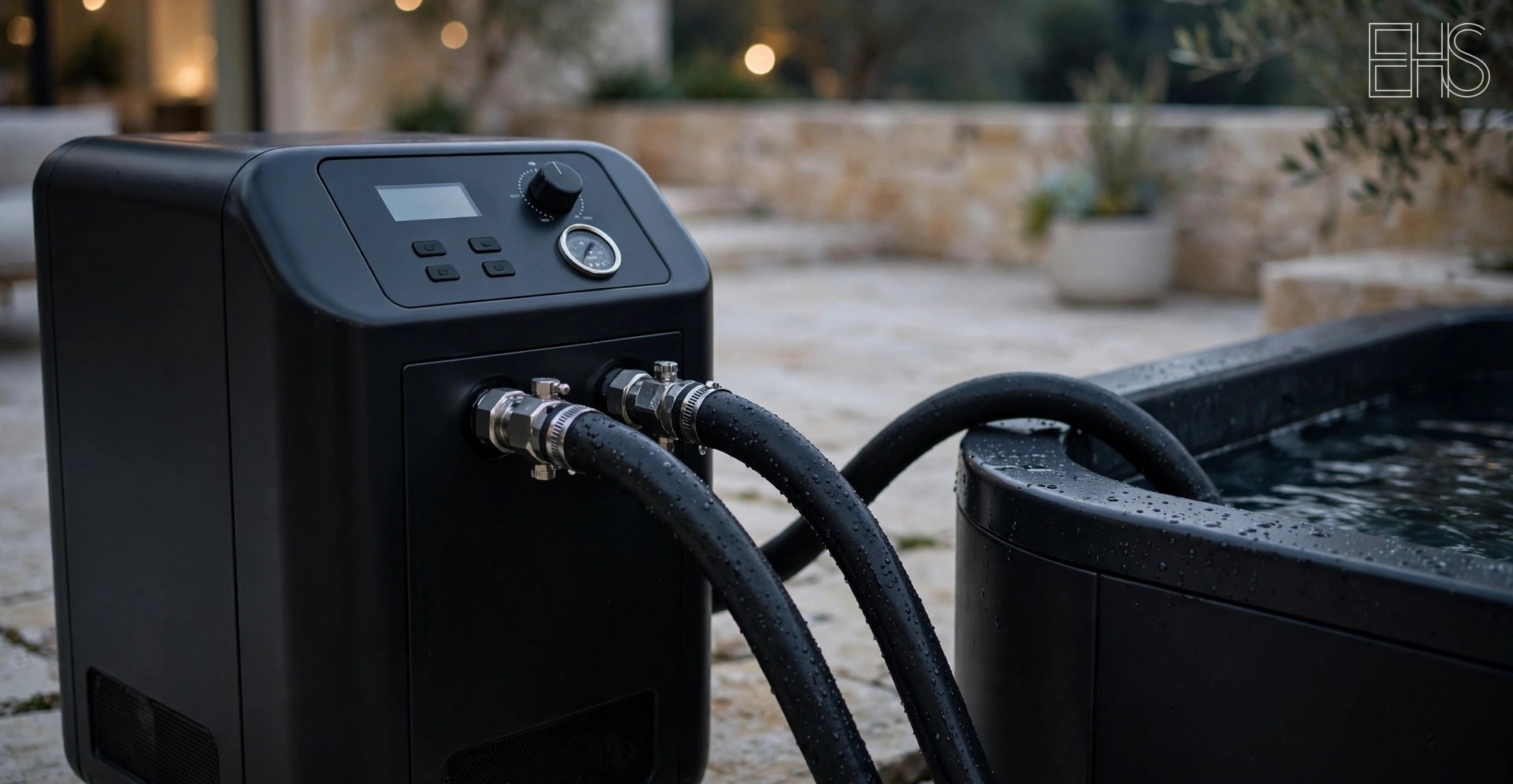 EverHealthSpan editorial photo: a compact black chiller unit with insulated hoses connected to a black cold plunge tub on a stone terrace at dusk.