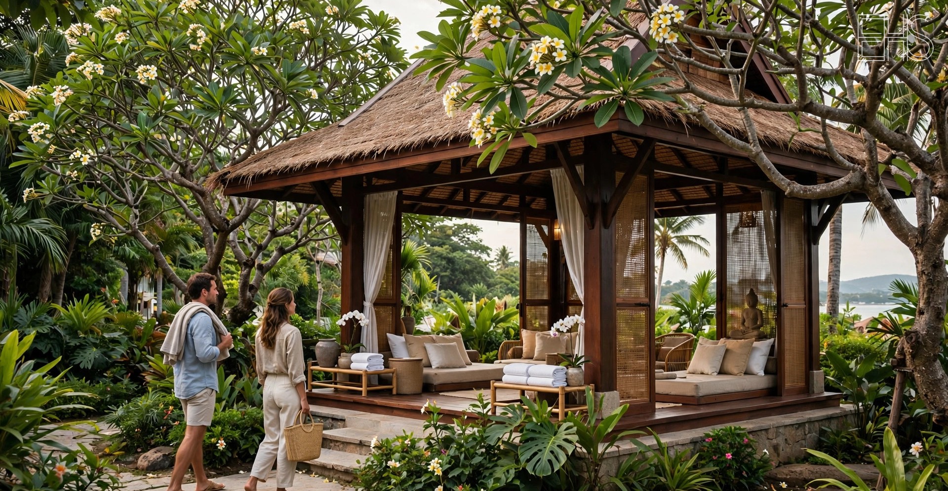 Chiva-Som, Hua Hin: Inside Thailand's Flagship Wellness Resort | EverHealthSpan EverHealthSpan editorial photo: a palm-lined tropical garden path leading to low Thai pavilions on a beachfront wellness resort at dawn.