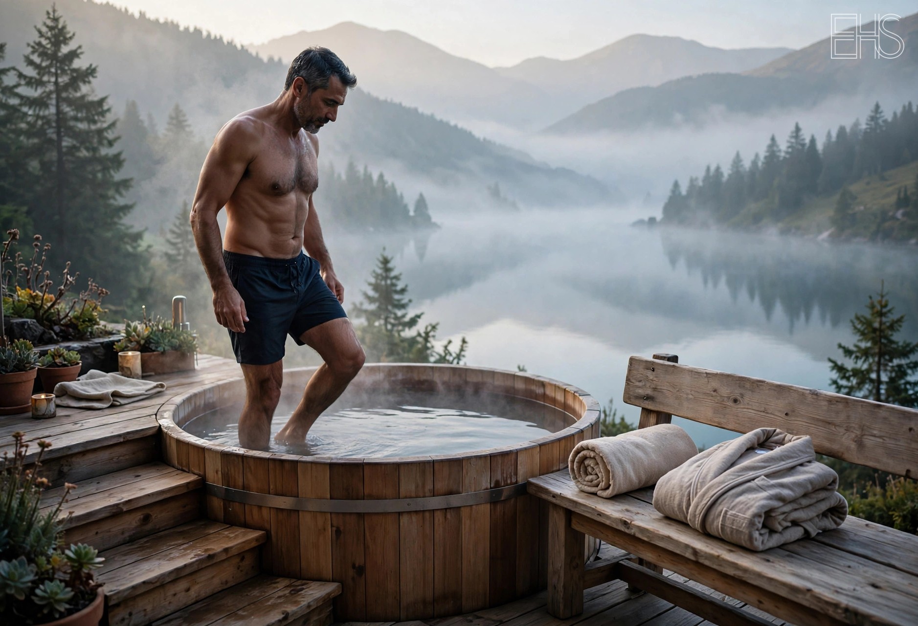 EverHealthSpan editorial photo: a man stepping carefully into a round wooden cold plunge tub on a misty mountain terrace at dawn, with towels and a robe laid out on a bench beside him.