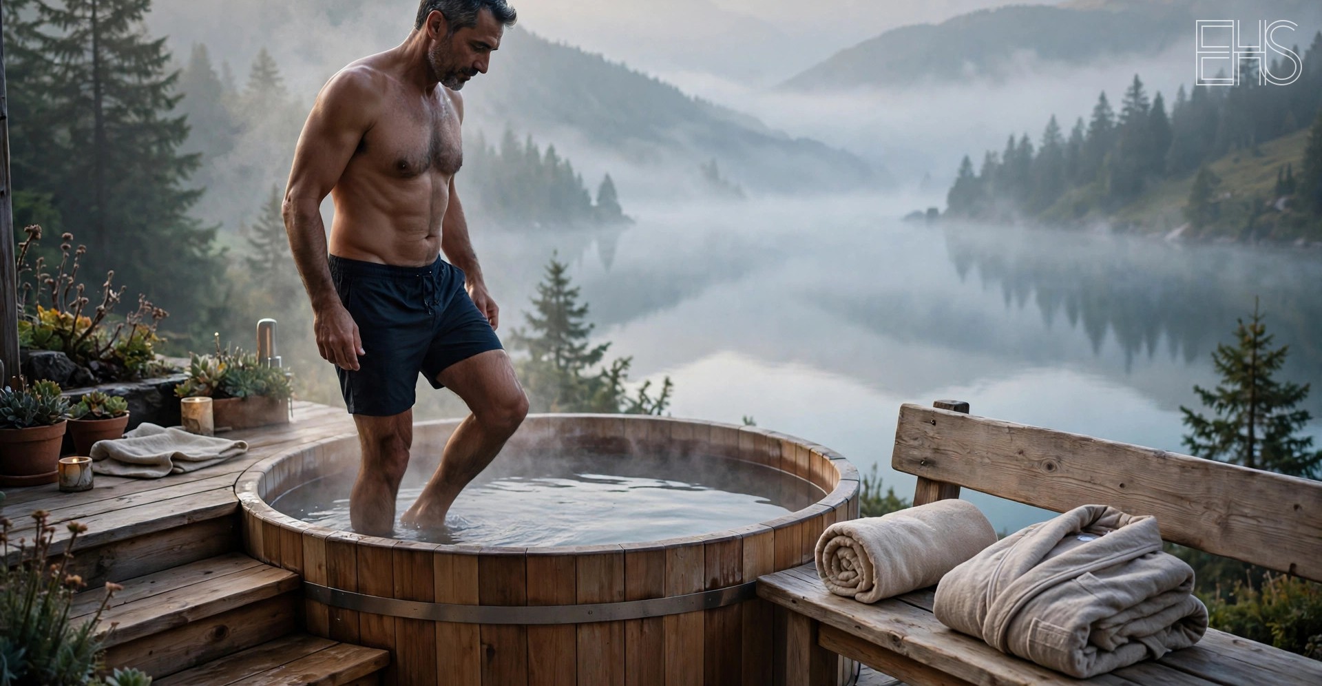 EverHealthSpan editorial photo: a man stepping carefully into a round wooden cold plunge tub on a misty mountain terrace at dawn, with towels and a robe laid out on a bench beside him.
