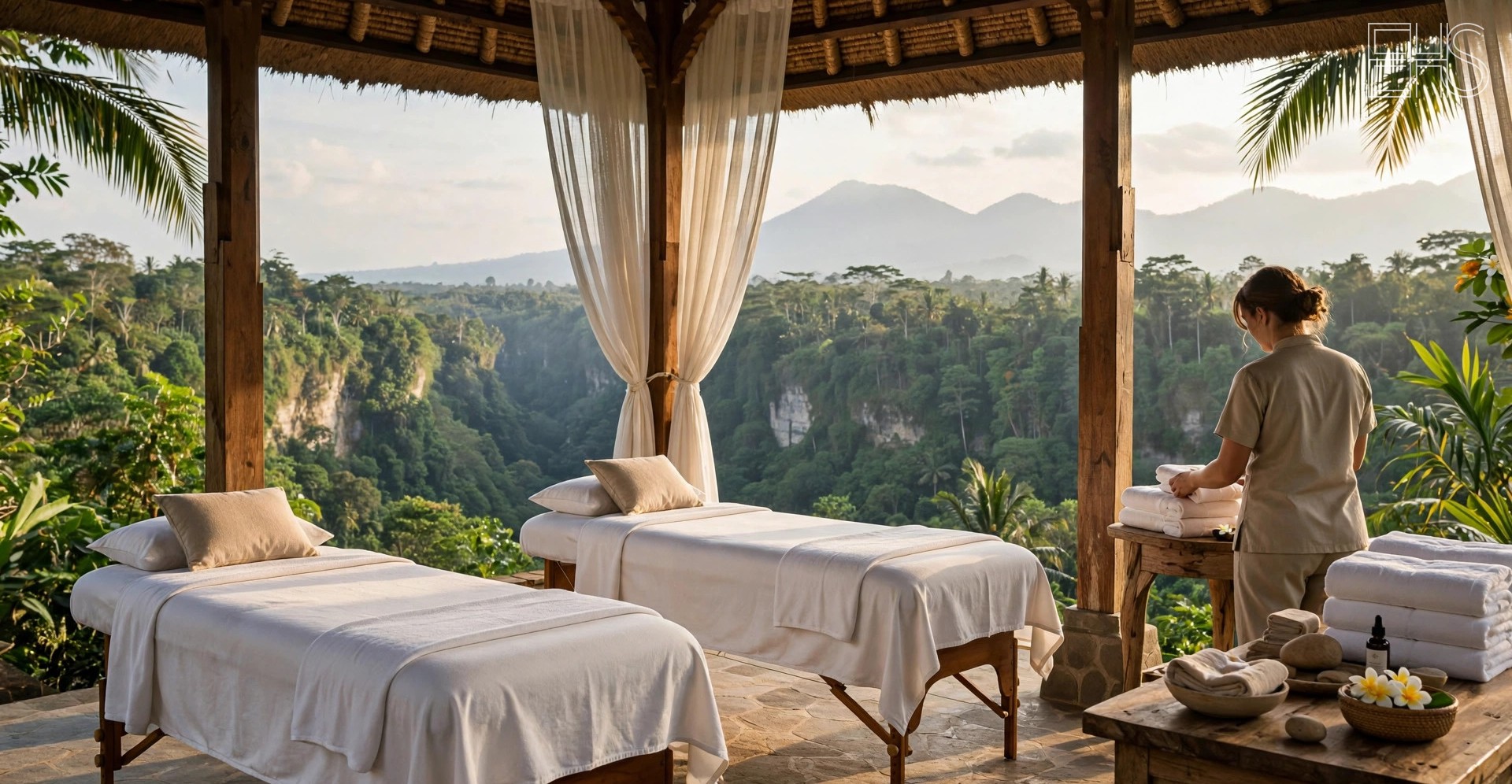 Wellness pavilion | EverHealthSpan Open-air spa treatment pavilion with thatched roof overlooking the jungle at COMO Shambhala Estate Bali, set for a treatment
