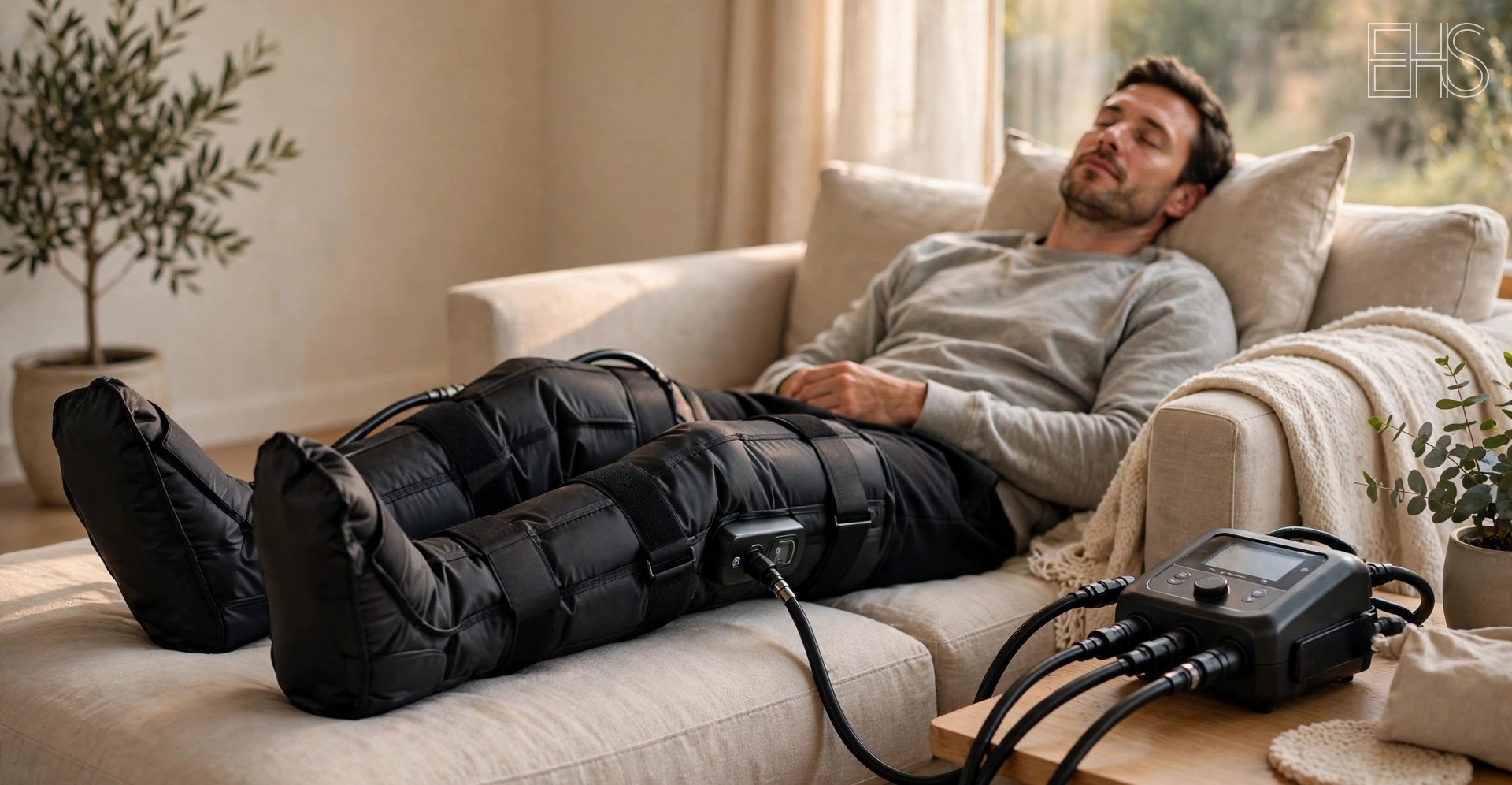 Compression Boots: The Buyer's Guide | EverHealthSpan EverHealthSpan editorial photo: a person reclining on a modern linen sofa wearing dark pneumatic compression recovery boots, with the control unit and air hoses on a side table in warm afternoon light.