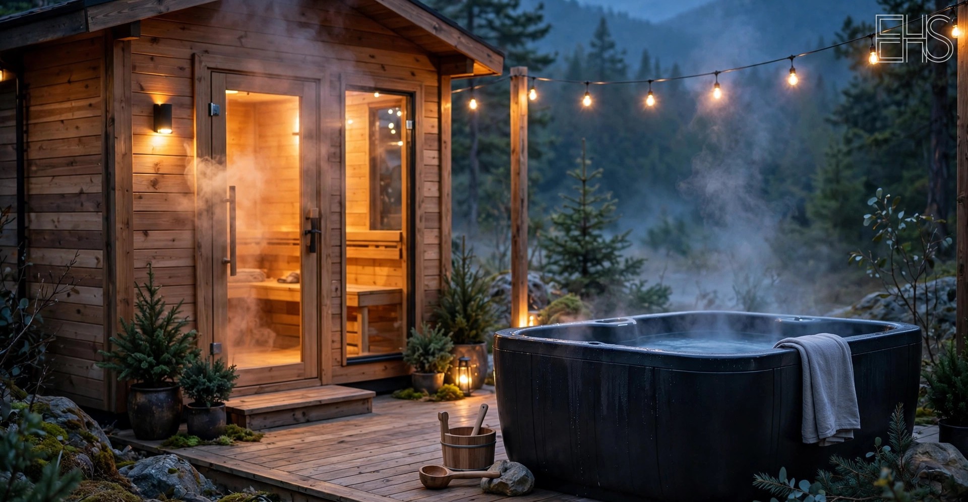 EverHealthSpan editorial photo: a steaming black cold-plunge tub beside a glowing wooden sauna cabin on a deck at dusk, surrounded by pines and string lights.