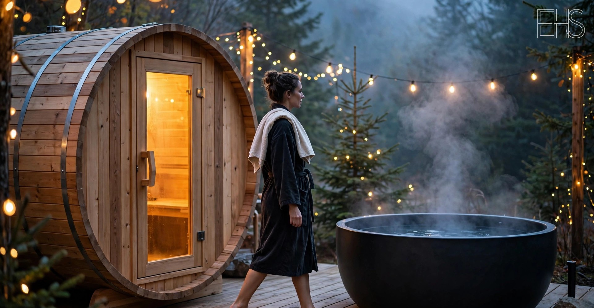 Building a Home Contrast Setup: Sauna and Cold Plunge Together | EverHealthSpan EverHealthSpan editorial photo: a cedar barrel sauna beside a round black cold plunge tub on a wooden deck at dusk, a woman in a robe walking barefoot between them, string lights and pines beyond.