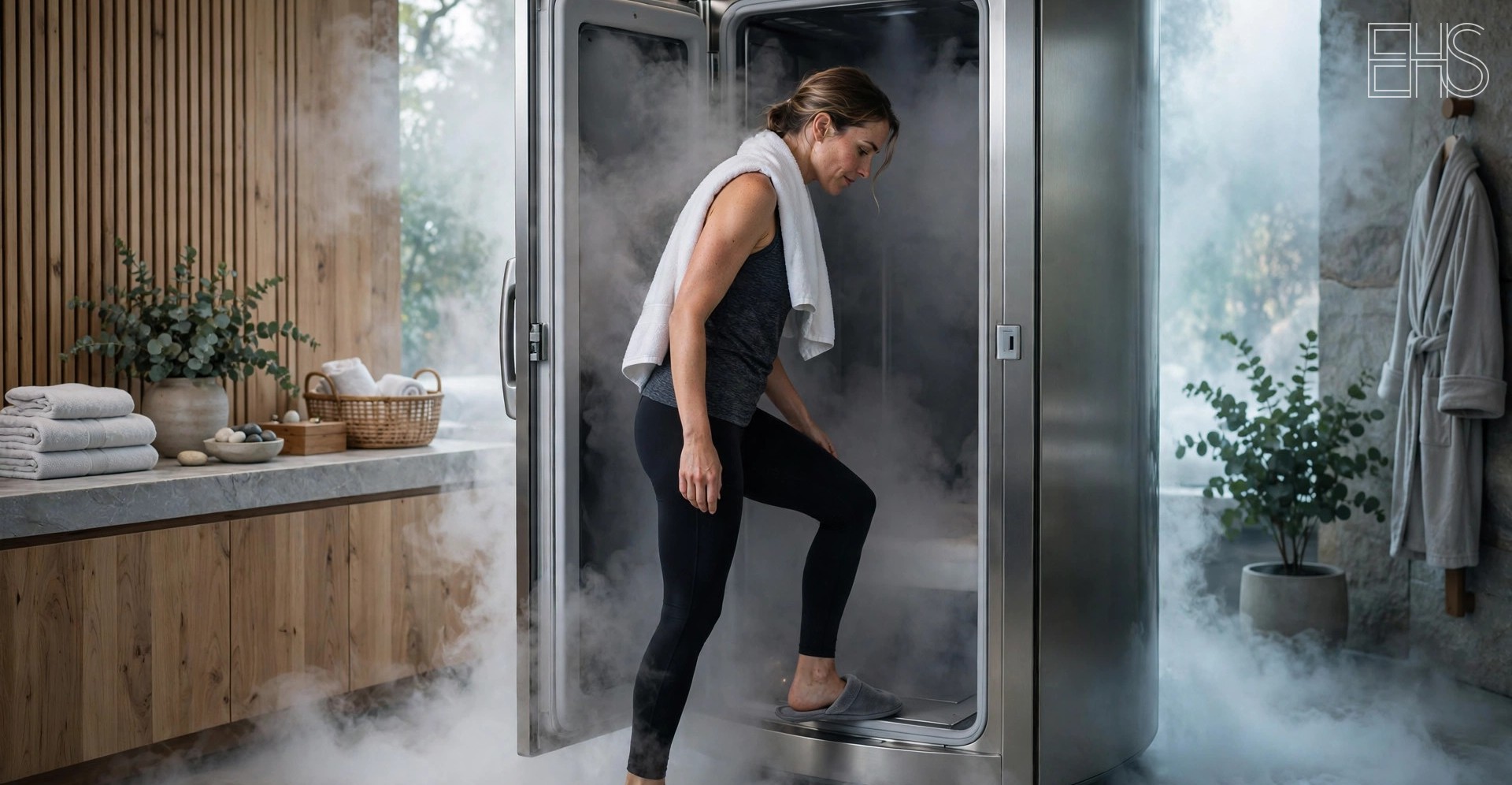 EverHealthSpan editorial photo: a woman stepping into a stainless steel whole-body cryotherapy chamber as cold vapor rolls across the floor of an elegant spa interior.