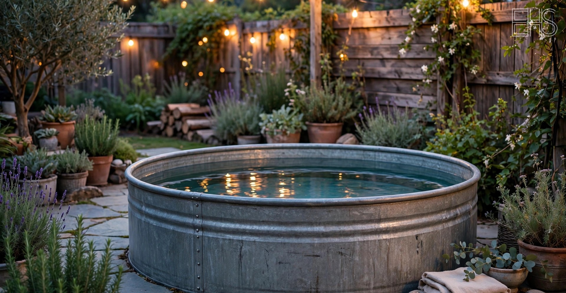 DIY vs. Purpose-Built Cold Plunges | EverHealthSpan EverHealthSpan editorial photo: a galvanized stock-tank cold plunge on a stone patio in a backyard garden at dusk, string lights overhead, potted plants around.