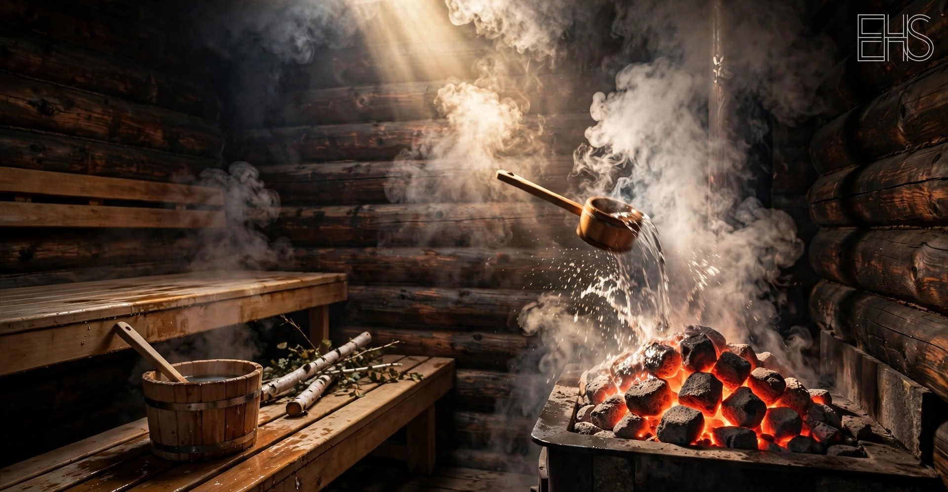 EverHealthSpan editorial photo: the interior of a traditional wood-fired Finnish sauna, glowing hot stones, steam rising through warm light, dark timber walls.