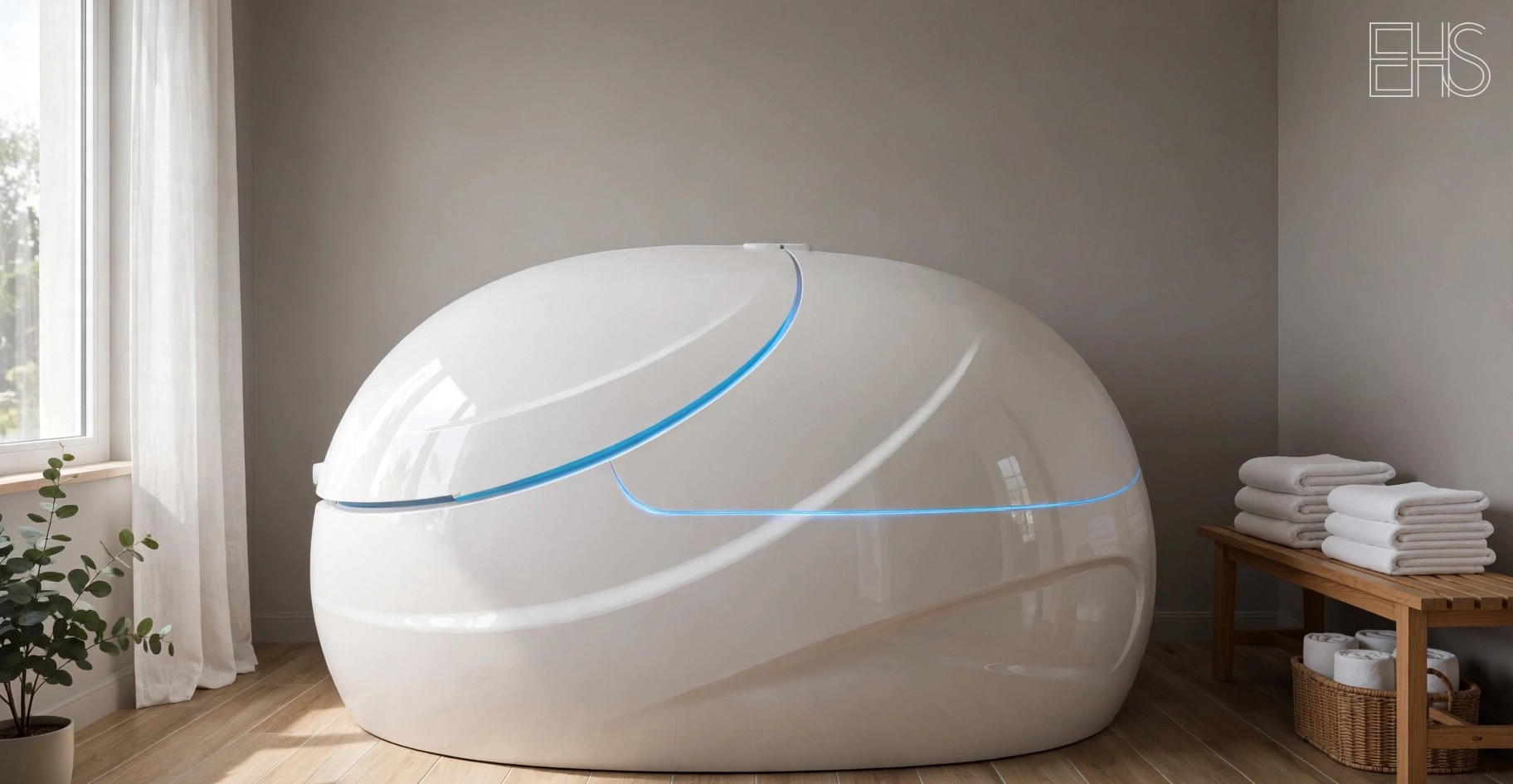 Home Float Tanks: The Complete Guide | EverHealthSpan EverHealthSpan editorial photo: a sleek white sensory deprivation float pod with its curved door slightly ajar, glowing softly in a minimalist spa room with warm wood paneling and folded towels.