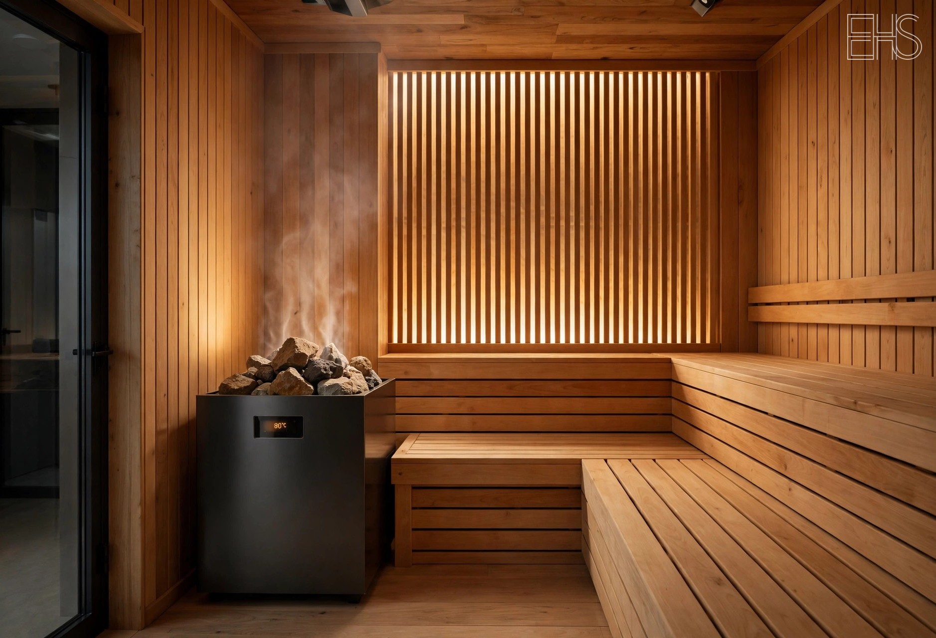 Traditional wood sauna interior with benches and heater, warm light