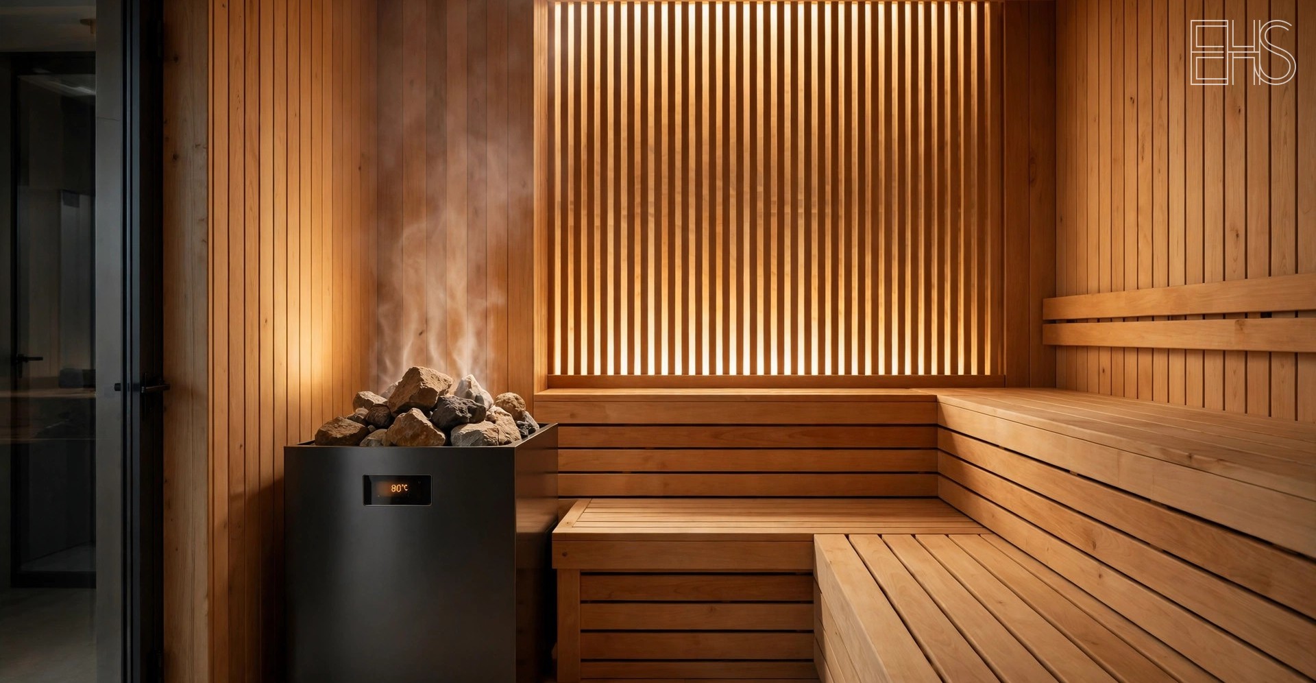 Heat Therapy Evidence Review: What Studies Report | EverHealthSpan Traditional wood sauna interior with benches and heater, warm light