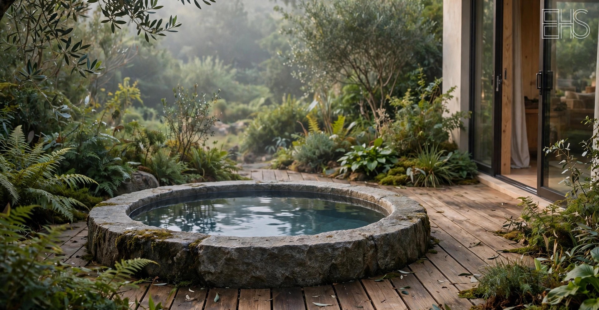 Indoor vs. Outdoor Cold Plunge: Placement Compared | EverHealthSpan EverHealthSpan editorial photo: a round stone cold plunge tub set into a wooden deck beside glass sliding doors, surrounded by lush garden greenery in soft morning mist.