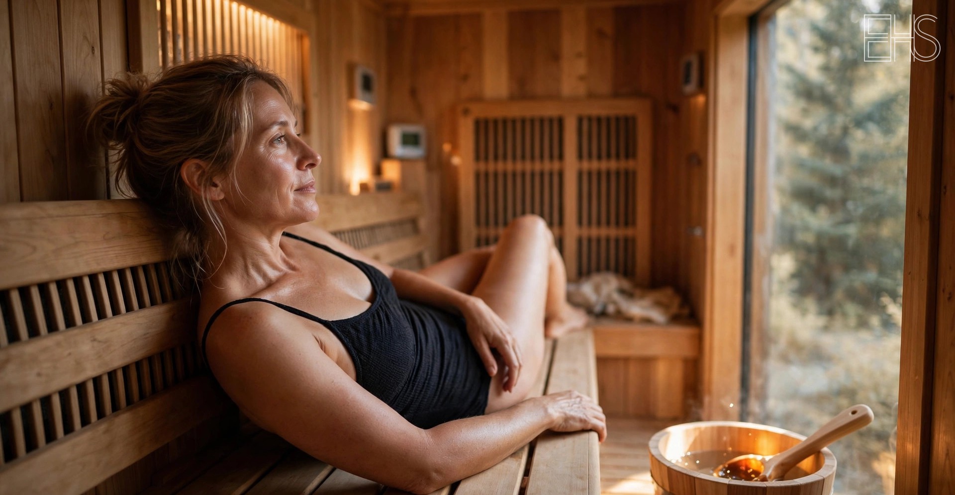 Woman relaxing on the bench of a warm cedar infrared sauna cabin with wooden heater panels and a water bucket in soft golden light