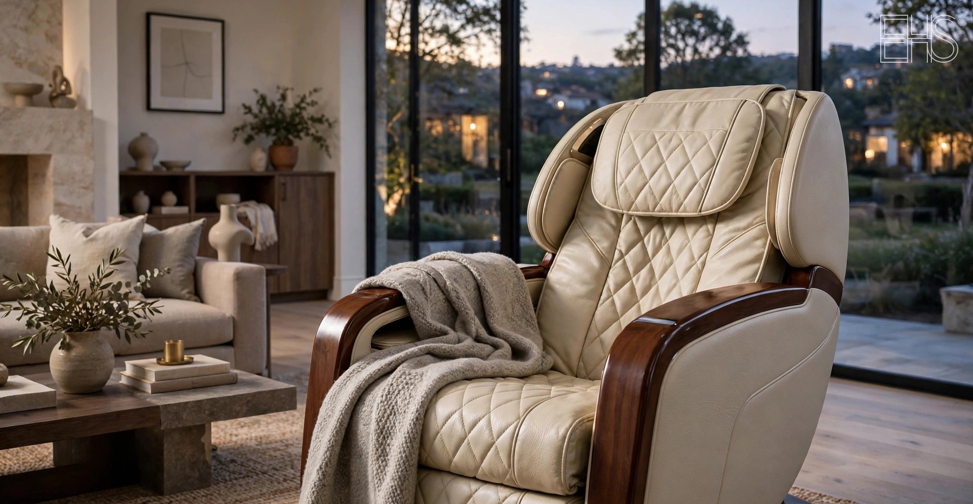 EverHealthSpan editorial photo: an elegant cream leather luxury massage chair with quilted upholstery in a refined living room with floor-to-ceiling windows in soft evening light.
