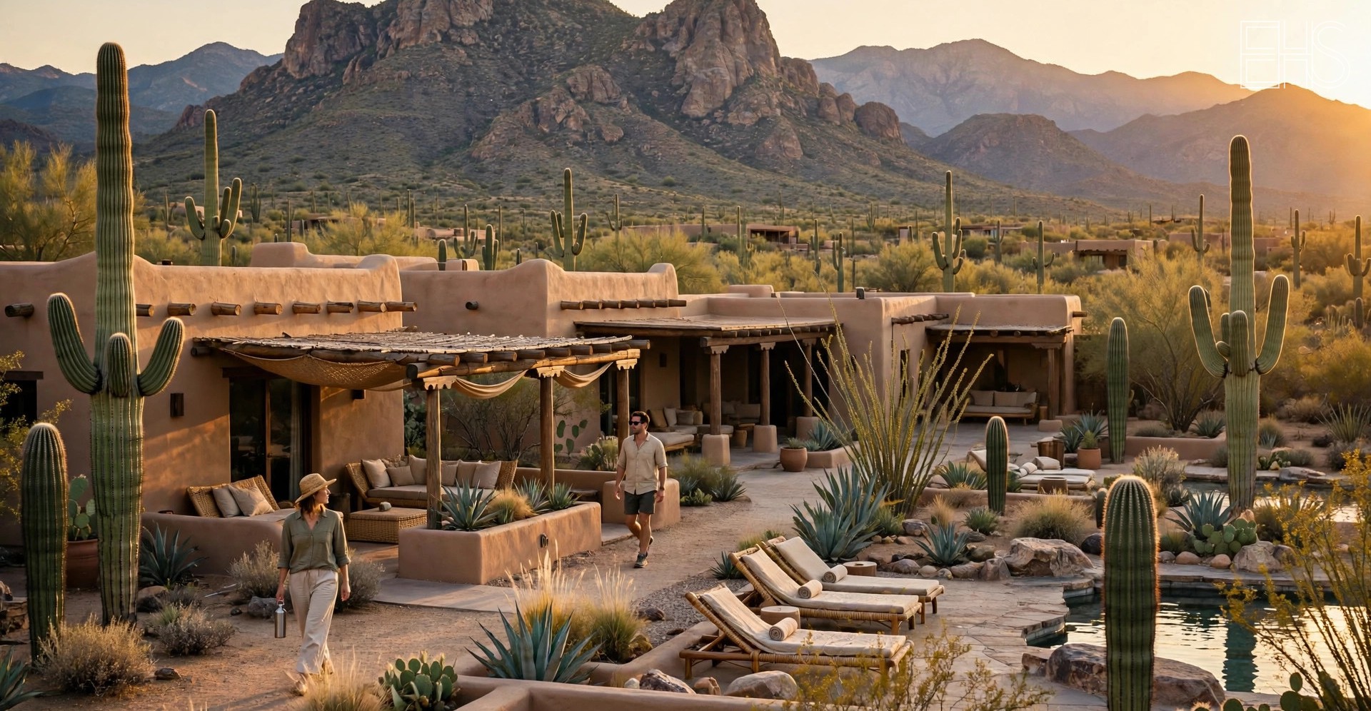 EverHealthSpan editorial photo: a low adobe-toned casita with a private patio among saguaro cacti in the Sonoran Desert at golden hour.
