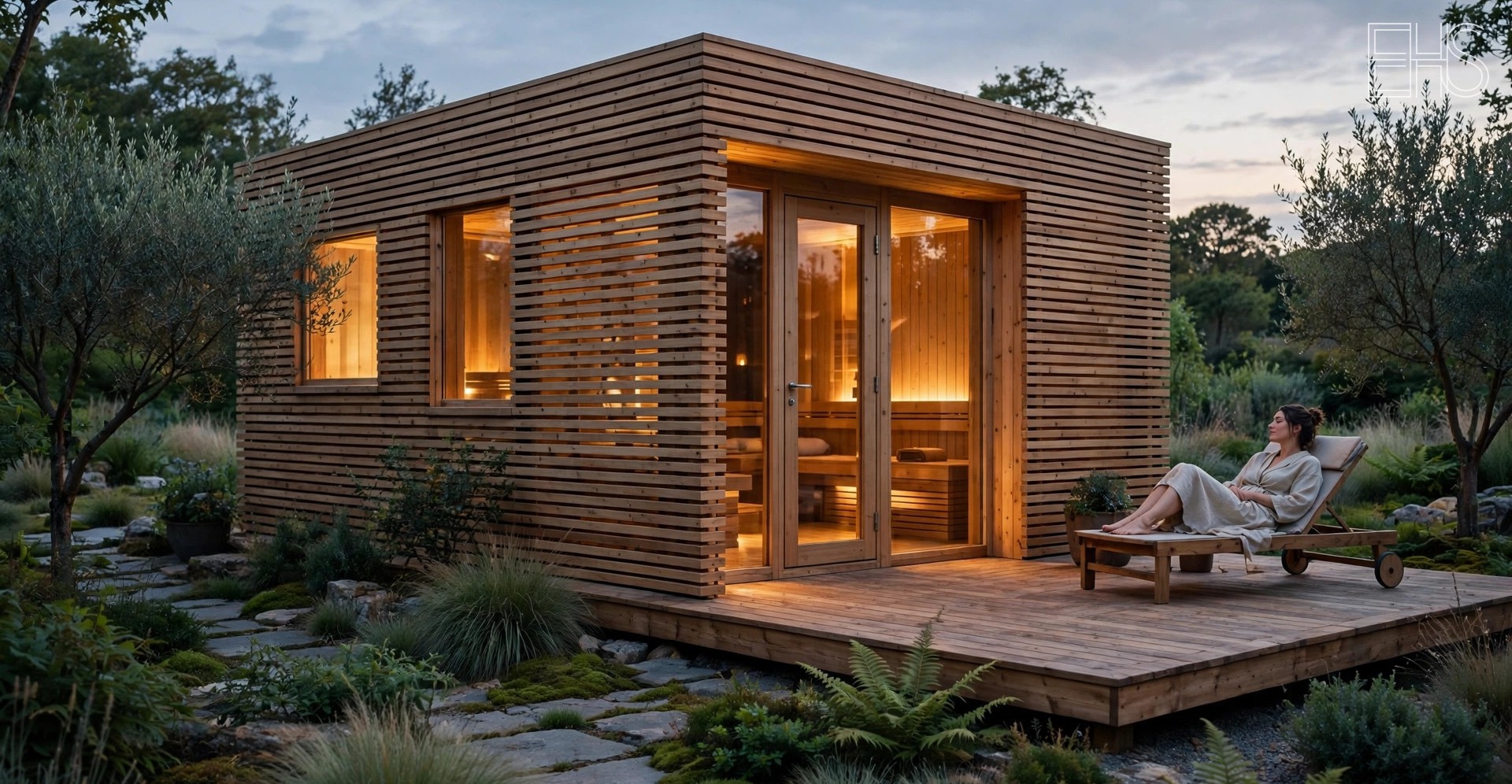 EverHealthSpan editorial photo: an outdoor wooden sauna cabin in a landscaped garden at dusk, warm light glowing through its windows, a person relaxing on the wooden deck.