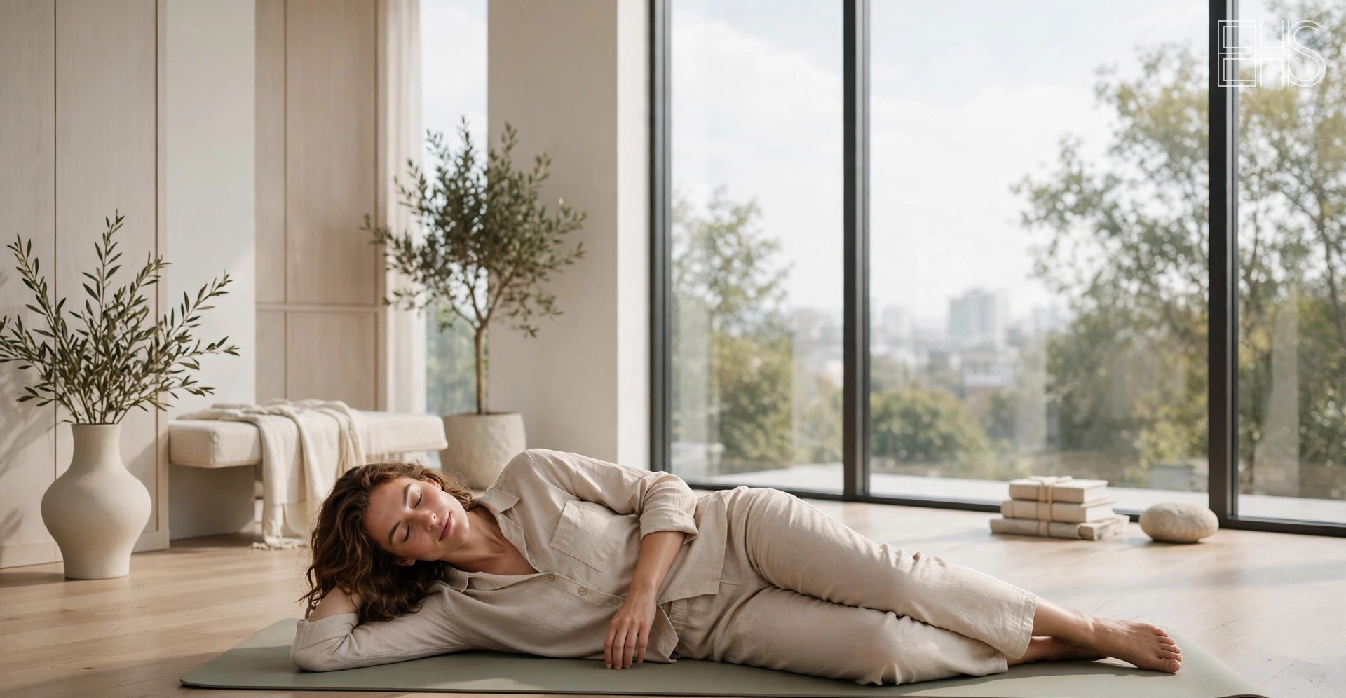 PEMF Therapy: What the Research Actually Says | EverHealthSpan EverHealthSpan editorial photo: a person reclining on a sleek wellness mat in a bright modern room with floor-to-ceiling windows.