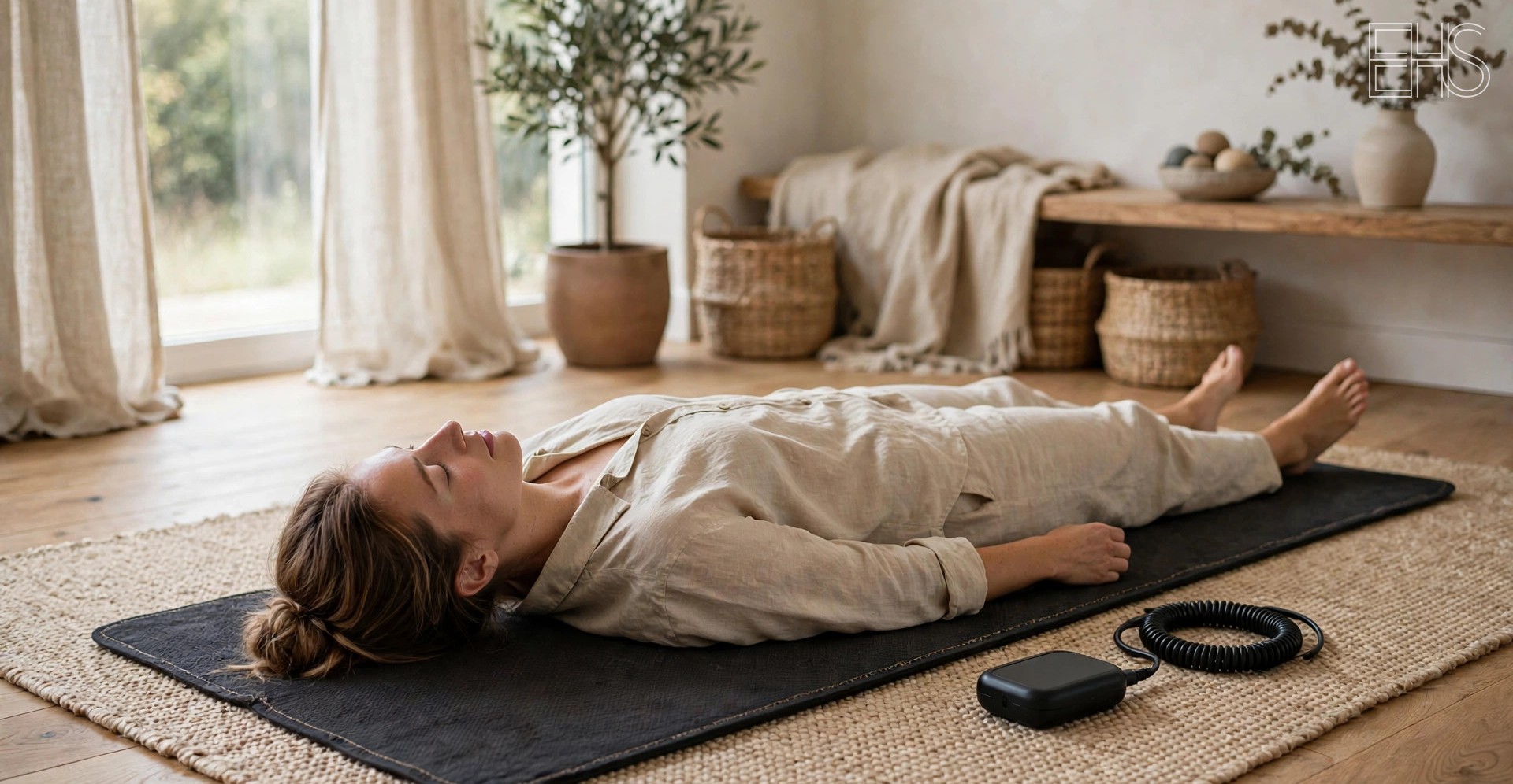 PEMF Mats: What to Look For Before Buying | EverHealthSpan EverHealthSpan editorial photo: a person lying on a dark PEMF therapy mat in a serene light-filled wellness room, with a small control device and coiled cable beside the mat.