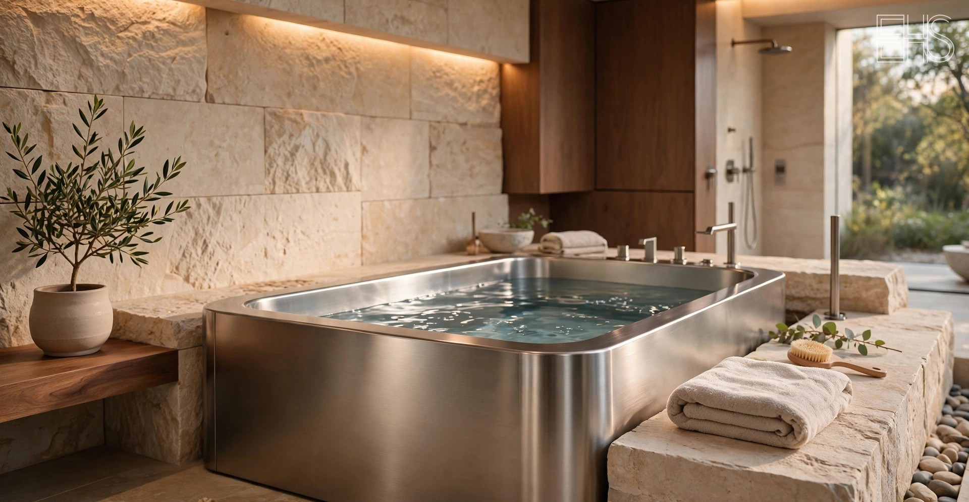 Cold Plunge Tub Materials: Acrylic, Steel, Wood, and More | EverHealthSpan EverHealthSpan editorial photo: a brushed stainless steel cold plunge tub in a warm spa-like bathroom with travertine stone walls, cove lighting, folded towels, and a potted olive tree.