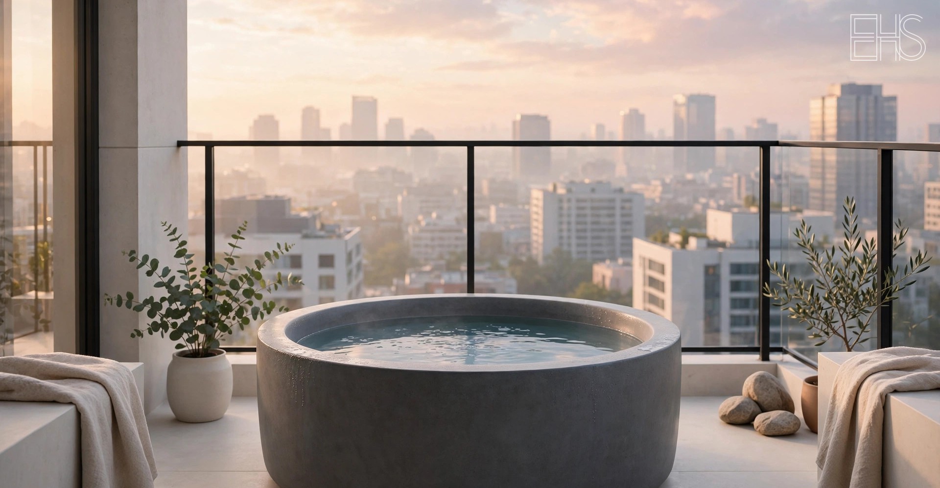 Cold Plunges for Small Spaces | EverHealthSpan EverHealthSpan editorial photo: a compact round cold plunge tub on a city apartment balcony at sunrise, with a skyline beyond, potted plants, and folded towels.