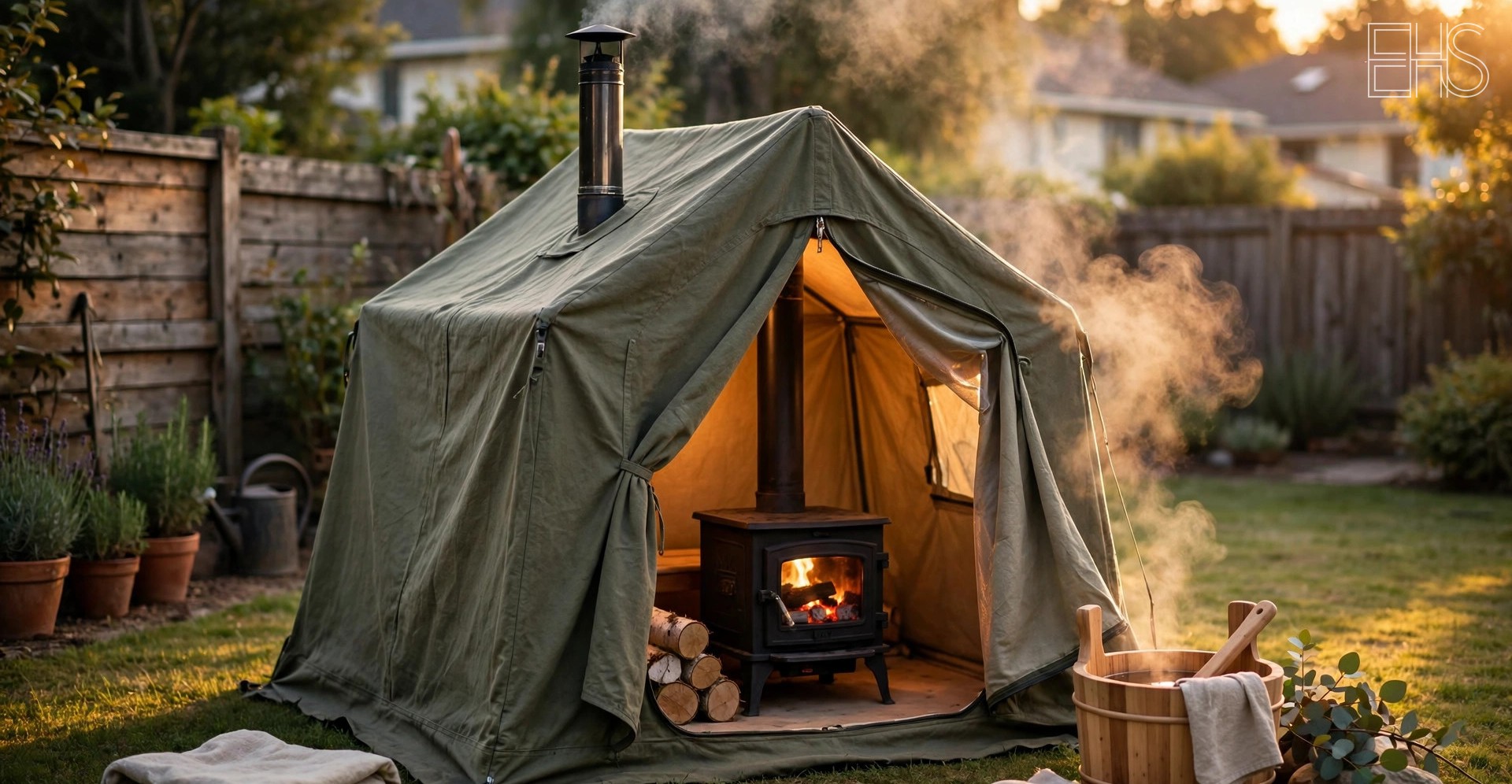 EverHealthSpan editorial photo: a portable sauna tent with a wood stove and chimney in a suburban backyard at golden hour, steam rising.