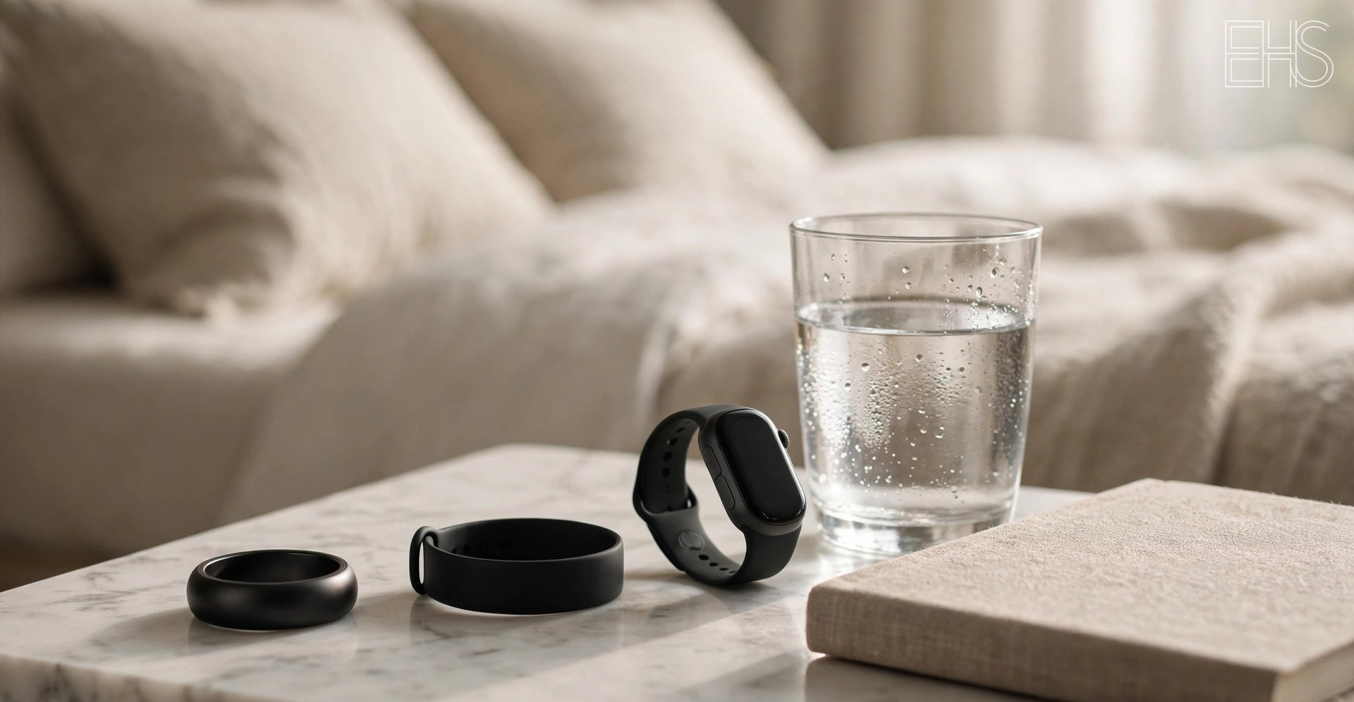 Recovery Wearables: HRV, Sleep, and Readiness Tracking | EverHealthSpan EverHealthSpan editorial photo: a smart ring, slim fitness band, and smartwatch arranged on a marble bedside table beside a glass of water and a linen journal in soft morning light.