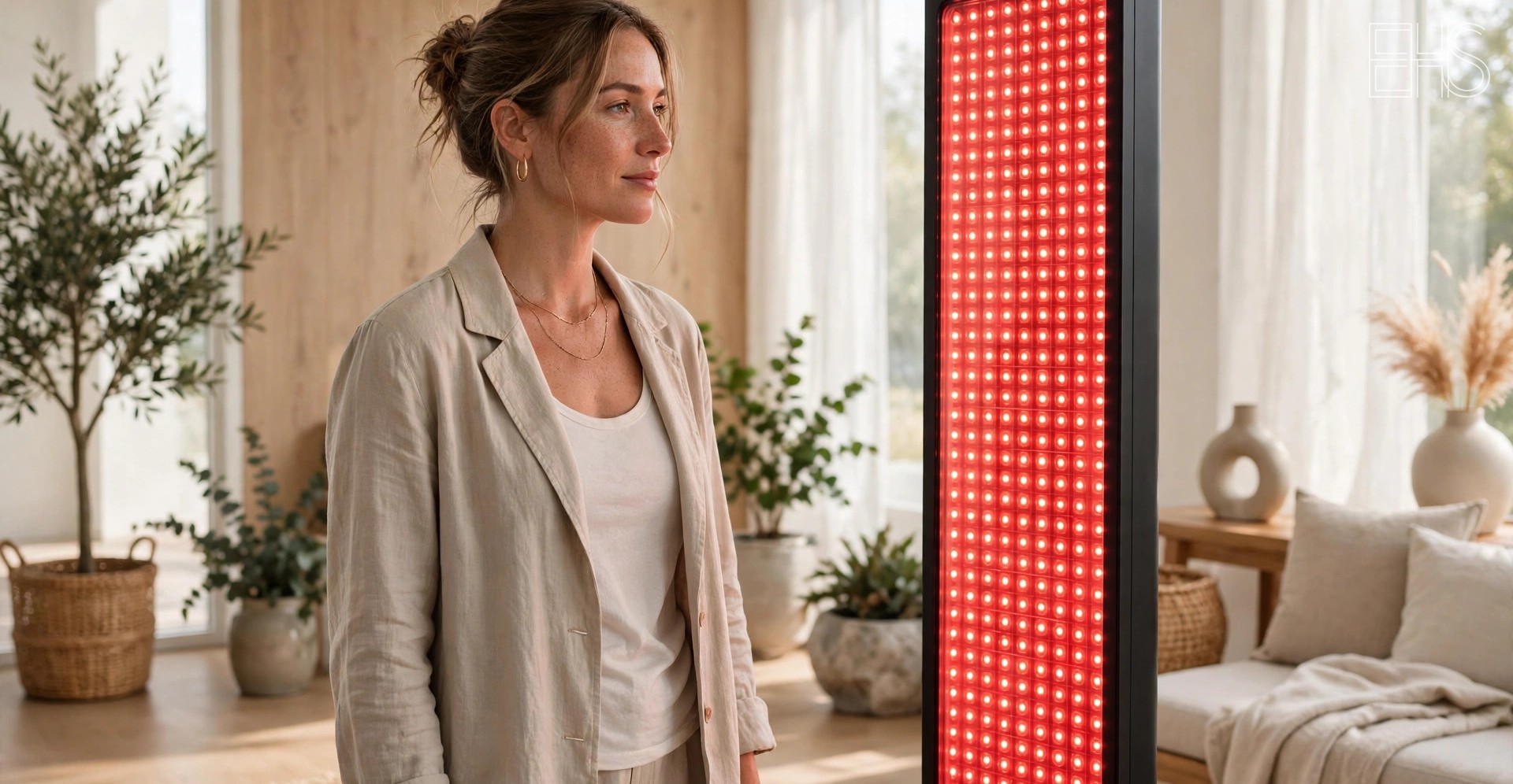 EverHealthSpan editorial photo: a woman in neutral-toned loungewear standing beside a tall full-body red light therapy panel glowing in a bright, wood-accented wellness room.