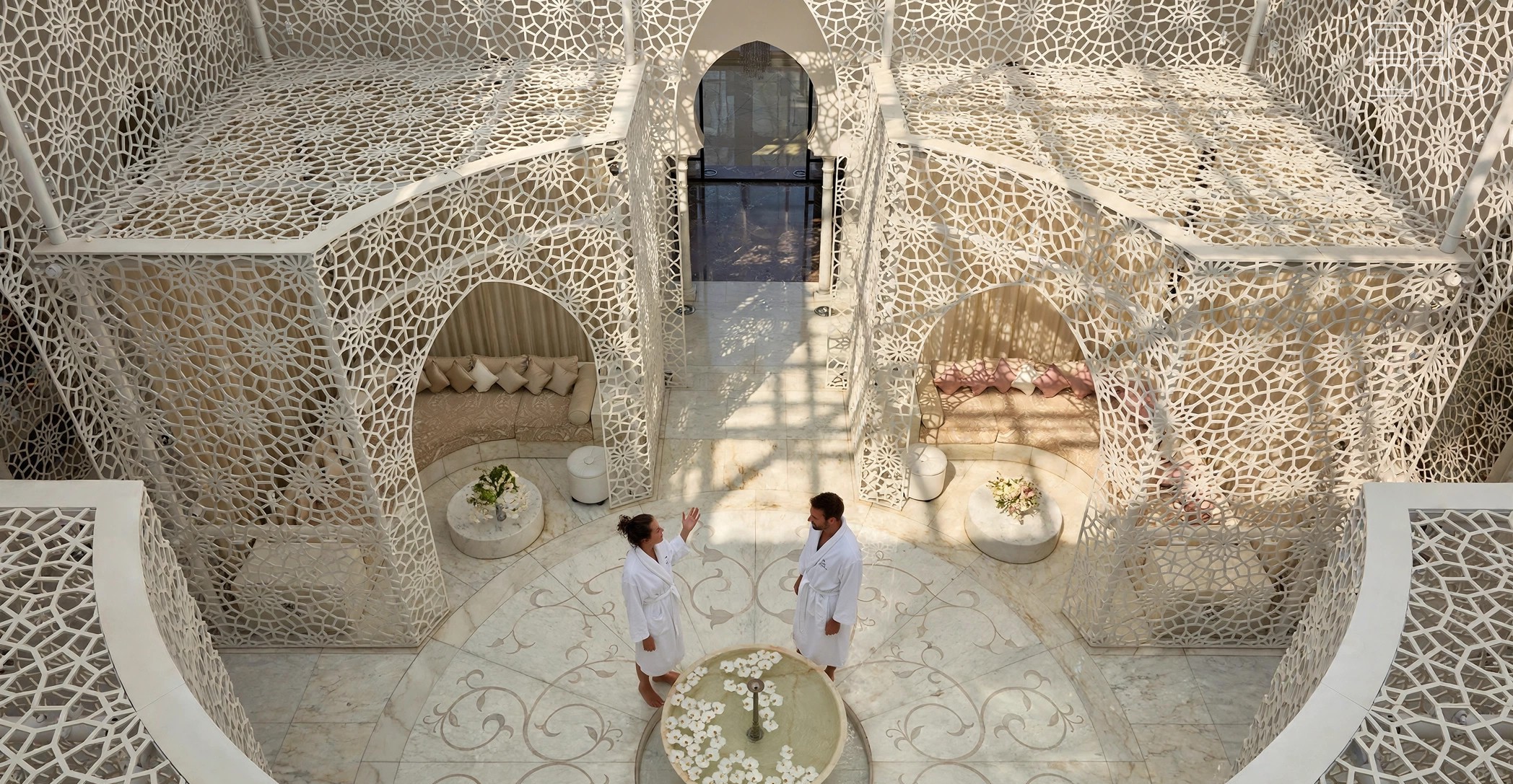 The white lattice spa atrium at Royal Mansour Marrakech, a couple in robes strolling past the central fountain