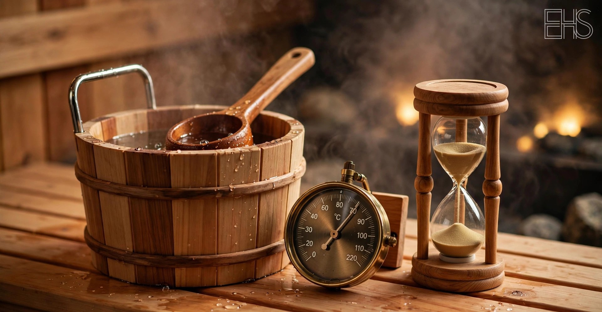 EverHealthSpan editorial photo: a wooden sauna bucket and ladle, an analog thermometer, and an hourglass arranged on a cedar sauna bench.
