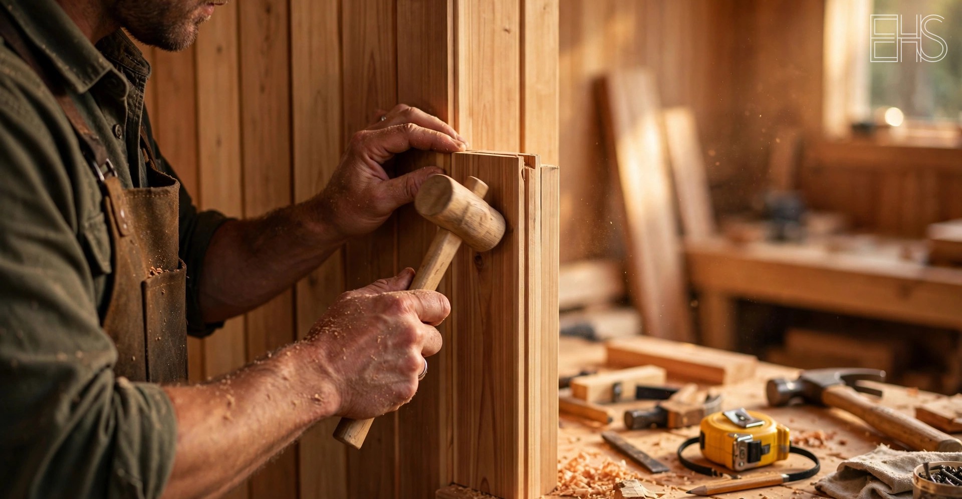 Sauna Installation: Electrical, Ventilation, and Placement | EverHealthSpan EverHealthSpan editorial photo: a craftsman fitting cedar sauna interior wall panels in warm workshop light.
