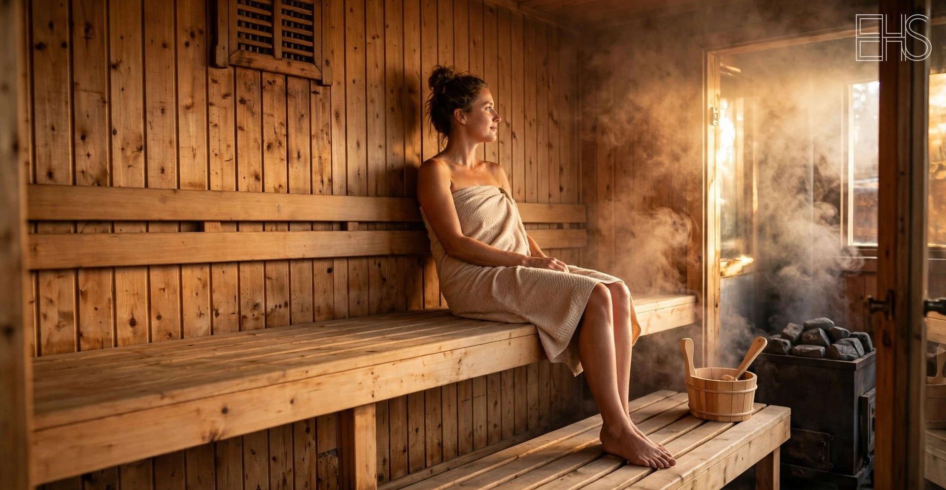 Sauna Ventilation Explained: Why Airflow Matters | EverHealthSpan Woman resting on the bench of a warm cedar sauna with a wooden ventilation grille on the wall and steam rising