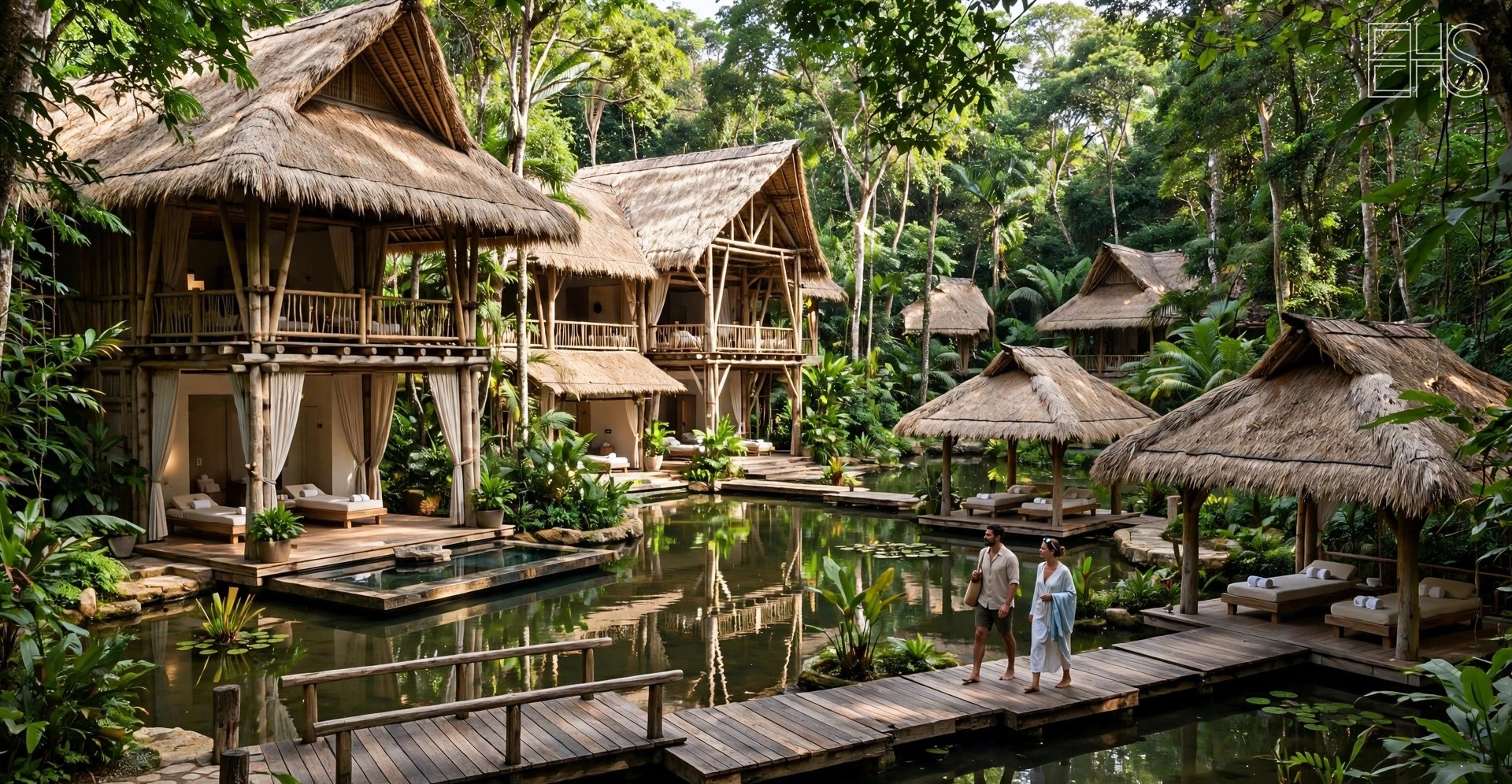 Two-storey jungle wellness complex with treatment pavilions around a central water feature, connected by stone paths and floating walkways at Soneva Fushi