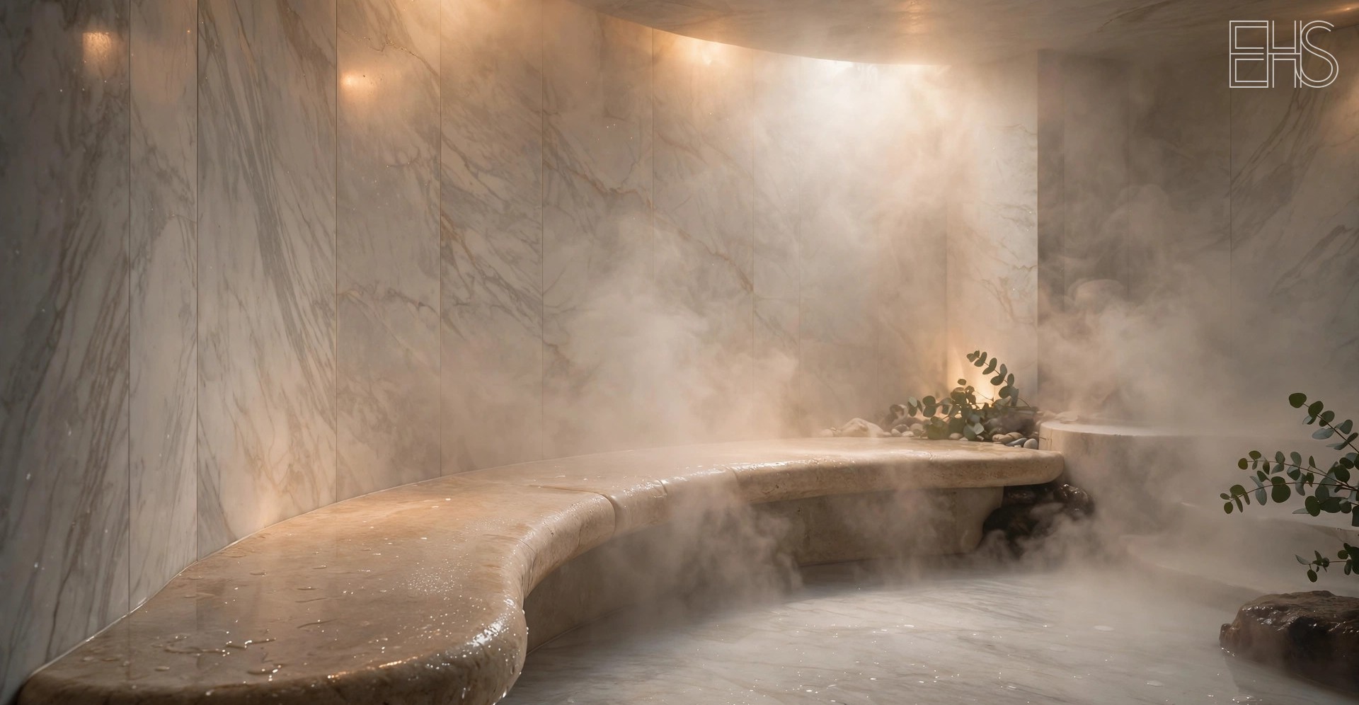 EverHealthSpan editorial photo: an elegant marble steam room with a curved stone bench and soft mist drifting through warm light.