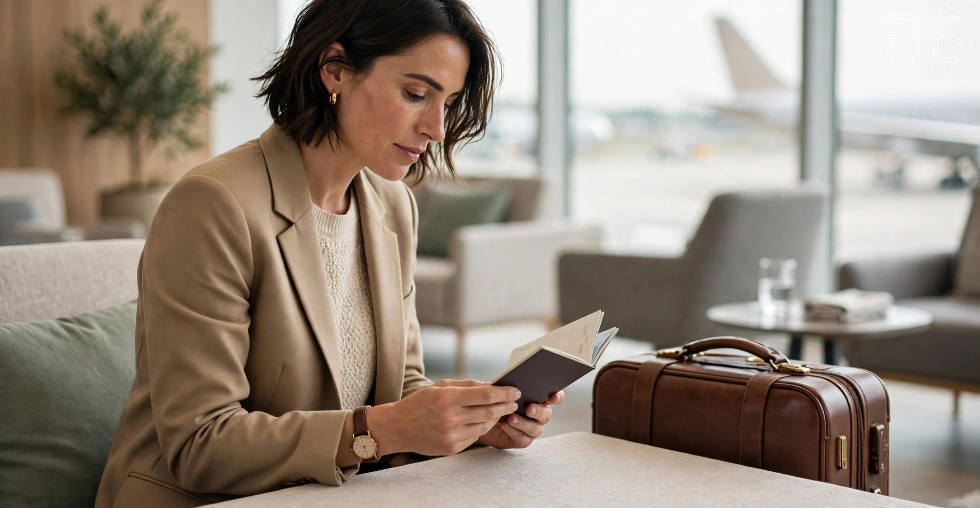 Traveler reviewing documents and passport in a bright airport lounge before departure