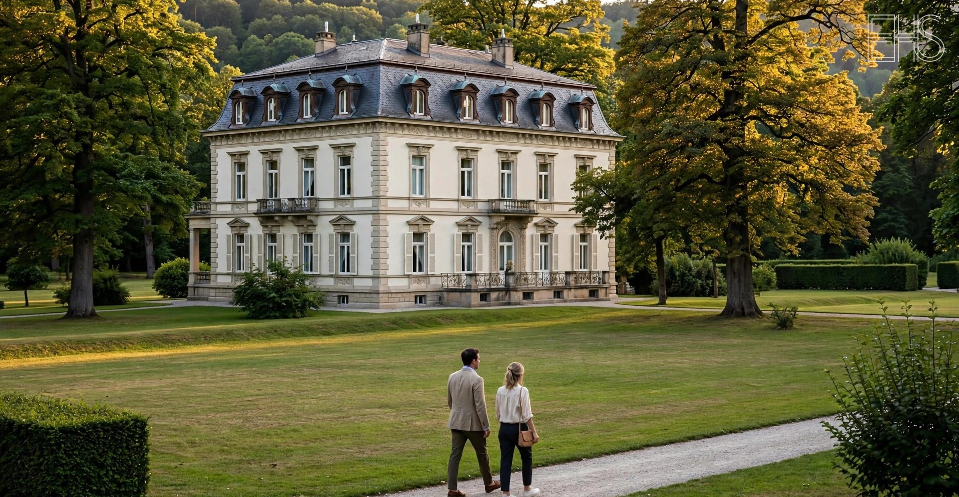Villa Stéphanie: Baden-Baden's House of Wellbeing | EverHealthSpan Historic Villa Stéphanie in Baden-Baden at golden hour, a couple strolling through the parkland in front of the 1890 villa