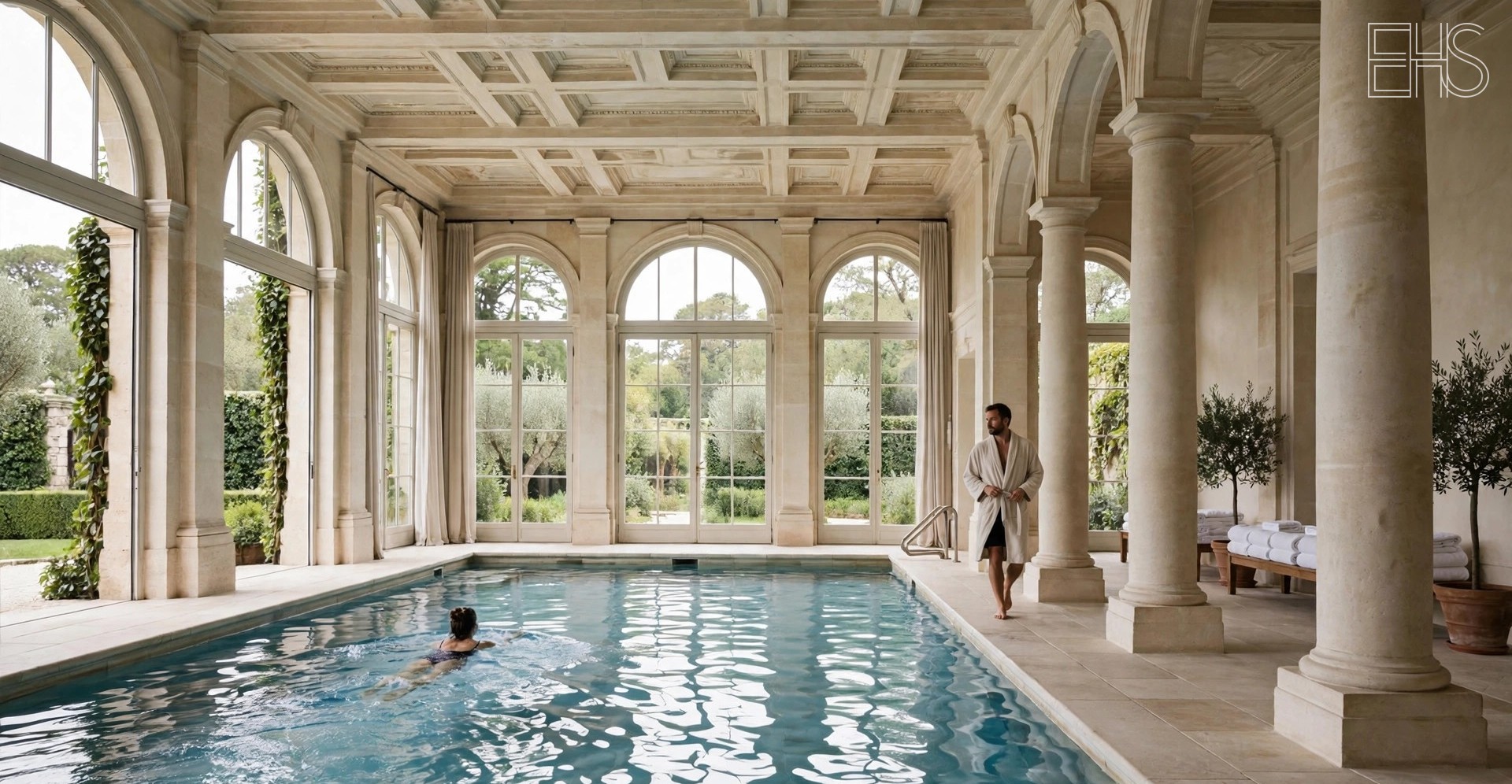 Spa pool | EverHealthSpan Indoor spa pool with tall arched windows overlooking gardens at Villa Stéphanie Baden-Baden, a guest swimming in the calm water